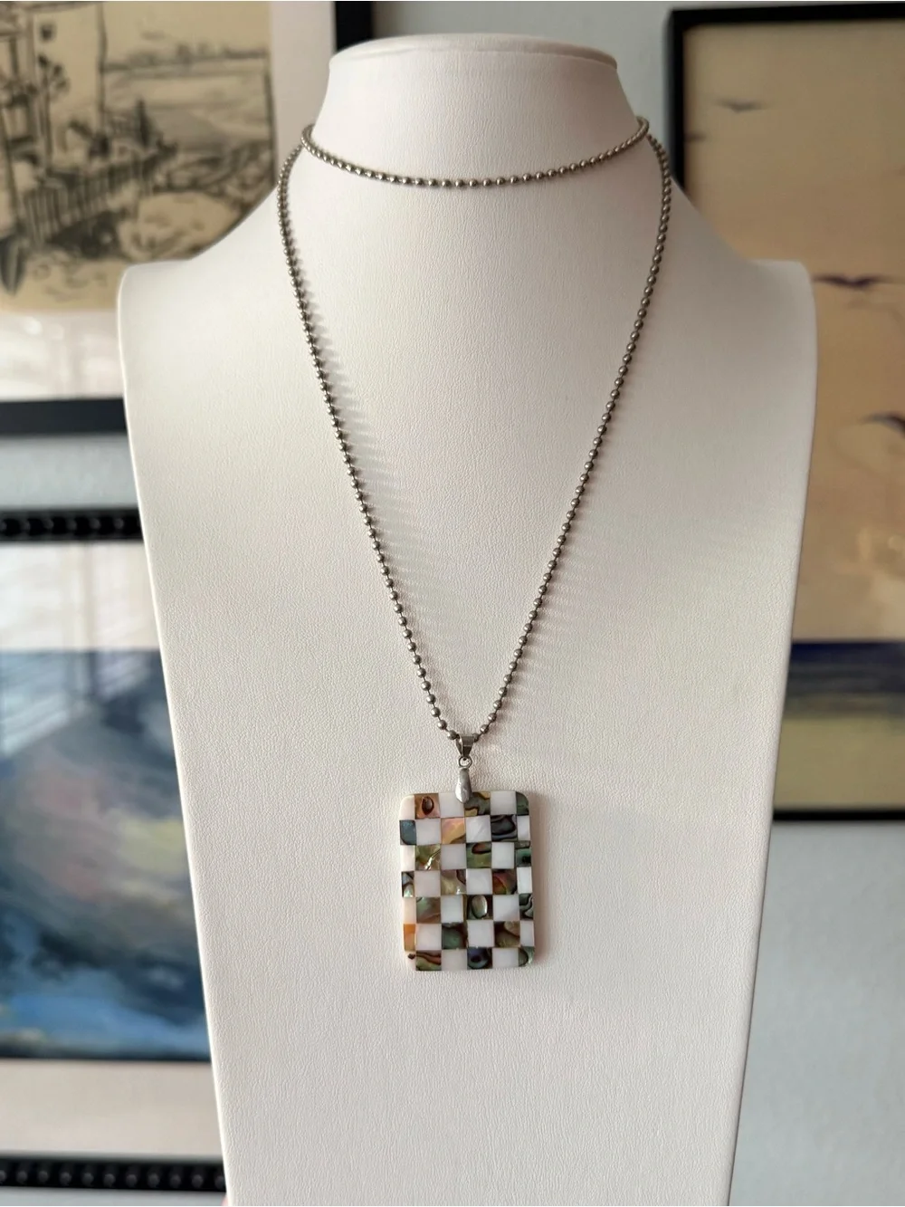Vintage Mother-of-Pearl Abalone Checkered Pendant Necklace SilverTone Ball Chain
